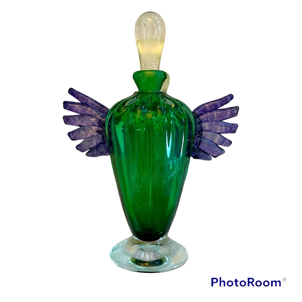 Hand Blown Glass Perfume Bottle with Dauber Green Bottle with Purple Wings